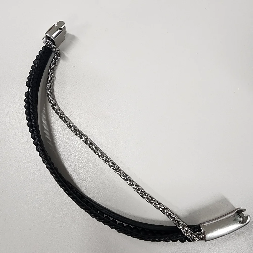 Multi-Strand Stainless Steel & Black Braided Beaded Faux Leather Bracelet Unisex